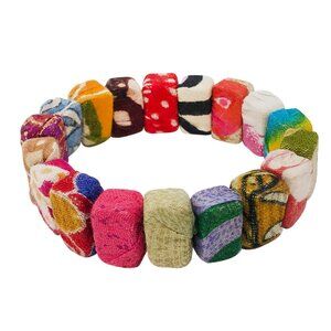 Fair Trade Block Beads Stretch Bracelet Upcycled Kantha Fabric Boho Handmade NWT